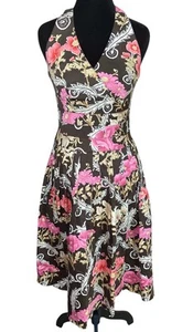 Kay Unger Cotton Blend Halter Style Pleated Dress in Brown Pink Floral Sz 4 Y2K - Picture 1 of 11