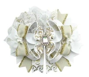 Clip per capelli fiocco per capelli bianchi diamante oro bianco pizzo boutique fiocco per capelli UK π - Foto 1 di 6