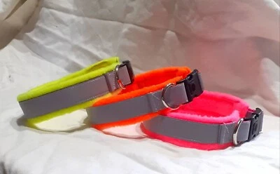 RHAPSODY RUGS Adjustable dog collar, fleece lined, Hi Vis, reflective, yellow, orange, pink