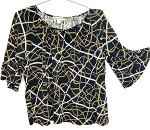 Michael Kors Michael Women's Top 3X Black Gold Chain Print Bell Sleeve Designer - Picture 1 of 5