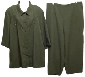 Pride & Joy Women's 2 Piece Buttoned Top & Dress Pants Set 22W Olive Green Brown - Picture 1 of 9