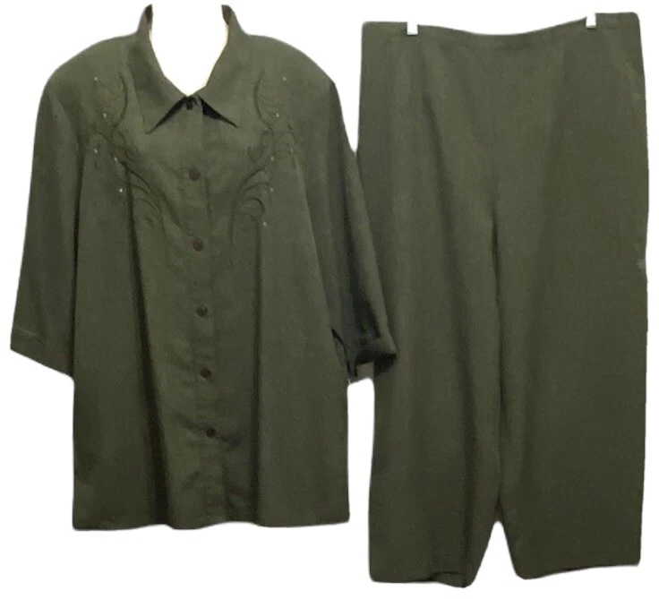 Conjunto de calça social e top feminino Pride & Joy 2 peças abotoadas 22W verde oliva marrom - Imagem 1 de 4