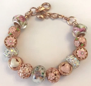 ❤️European CHARM BEADS Bracelet ~ Rose Gold Plated Beads & Chain ~ Pink Fancy❤️ - Picture 1 of 2