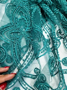 Fabric Sold By The Yard Emerald Green Lace Pearls Embroidery Geometric For Dress - Picture 1 of 10
