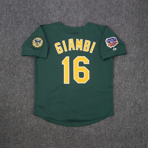 Jason Giambi 1997 Oakland Athletics Alternate Green Jersey w/ Jackie 50th Patch Cover
