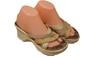 Y2K Keilsandalen Lower East Side Bobbi 7,5 Vintage 2000er Webart hellbraun beige Zehenriemen - Bild 1 von 8