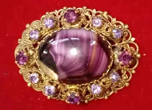 West German Purple Glass Prong Set Huge Raised Surround Vintage Brooch - Picture 1 of 11