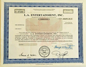 Certificado de stock de L.A. Entertainment Corporation - Imagen 1 de 1