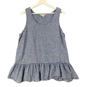 Camiseta sin mangas BeachLunchLounge de lino a rayas con volantes dobladillo sin mangas azul blanco para mujer L - Imagen 1 de 7