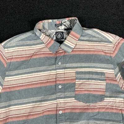 Volcom Shirt XL Mens cream Blue Striped Button Up Slim Fit multicolor sleeve - Image 1 of 4