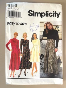 Vestido Simplicity Misses de 1990 patrón 9196 talla 12-16 sin cortar - Imagen 1 de 2