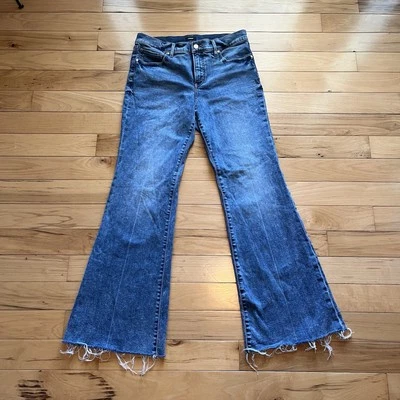 Pantalones de mezclilla Express años 70 acampanados para mujer 10 tiro alto dobladillo crudo 29x29 azul campana inferior Foto 1 de 4