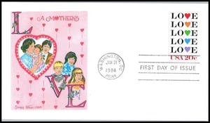 1984 Love 20c Sc 2072 FDC Doris Gold cachet Hearts Valentine Mother Family Theme - Picture 1 of 1