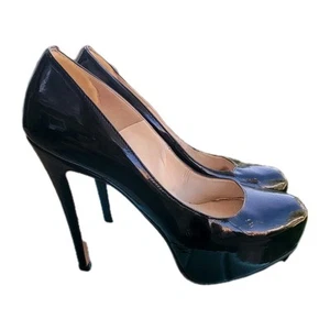 Brian Atwood Black Patent Leather sz US 5 Platform High Heel Shoes Closed Toe - Picture 1 of 6