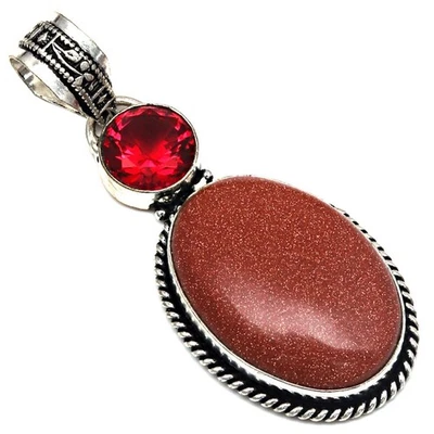 Pendant Red Sunsitara Gemstone Handmade Mother'Day Silver Jewelry 2.25" - Image 1 of 4
