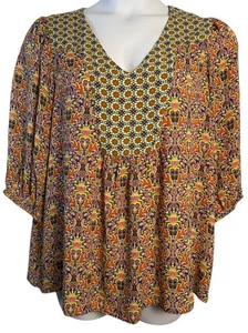 Blusa rosa e oliva 1x floreale geometrica arancione giallo blu contadino boho popover - Foto 1 di 10
