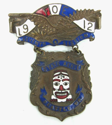 Raro Antiguo 1912 FOE Orden Fraternal Águilas Seattle WA Tótem Máscara Insignia Medalla Foto 1 de 4