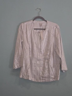 Chicos Silver Grey Foiled Linen Shine Jacket Size 2 US Large 3/4 Sleeves - Image 1 of 3