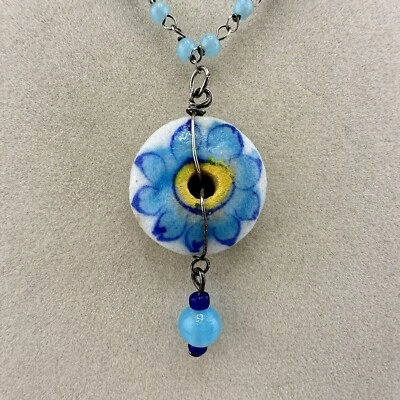 Boho Ceramic Flower Y-Drop Blue Glass Beaded 18” Silver Tone Necklace - Image 1 of 4