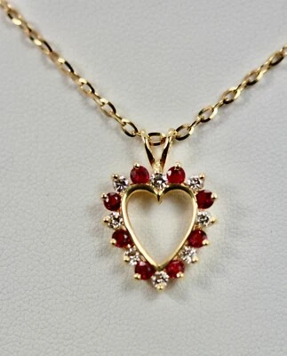 Ruby Diamond Open Heart Pendant on 17" Yellow Gold Chain 18K - Image 1 of 4