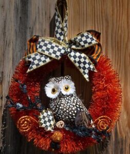 Mackenzie Childs SPOTTED OWL w/ Courtly Check Ribbon WREATH Small NEW $68 m20-au