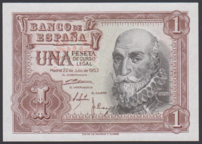 Spain  1 Peseta 22-07-1953  AU-UNC   P. 144b,    Banknotes, Uncirculated - Image 1 of 2