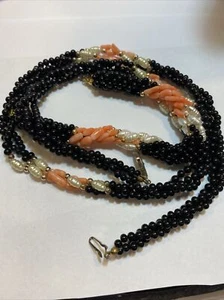 VTG.BLK ONYX SALMON CORAL RICE BEADS GLASS FAUX PEARLS TWISTED NECKLACE BRACELET - Picture 1 of 11