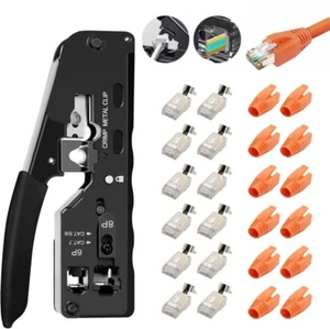 RJ45 Crimpzange + 12 Cat7 Stecker Set Netzwerk Werkzeug Lan Kabel Zange Cat 7/6 - Afbeelding 1 van 16