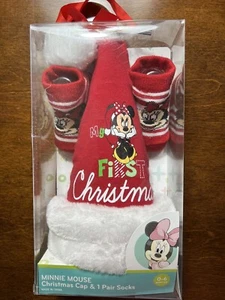 WOW! New Disney Minnie Mouse 1st Christmas 0-6 Month Infant Cap & Sock Set - Picture 1 of 3