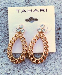 Orecchini TAHARI tono oro goccia strass catena design nuovi - Foto 1 di 3