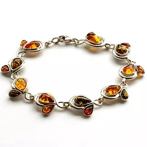 Bellissimo Braccialetto Multicolore Ambra Baltica Argento Sterling 925 7,5 pollici - Foto 1 di 3