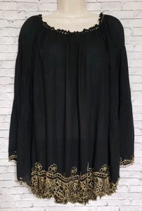 Krista Lee Gold Sequin Embroidered Black Tunic Top Womens Large Pleated Flowy - Picture 1 of 15