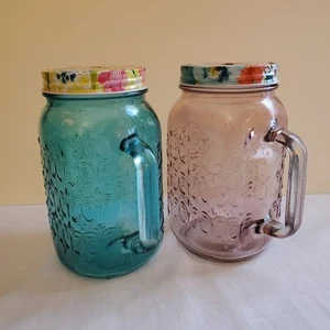 Par de vasos tarros de albañil rosa verde azulado Pioneer Women Sunny Days 32 oz granja - Imagen 1 de 8