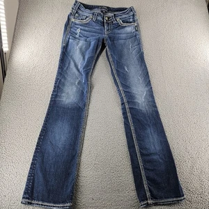 Silver Jeans Women 27 Blue Suki Mid Rise Bootcut Thick Stitch Embroidered Pocket - Picture 1 of 16