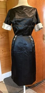 Vintage 1950s 1960s satin wiggle dress, black w Lurex trim, B 36 - Picture 1 of 11