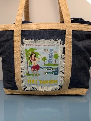 Vintage 90s Y2K Large Retro Tiki Hawaiian Denim Straw Bucket Drawstring Tote Bag - Image 1 of 4