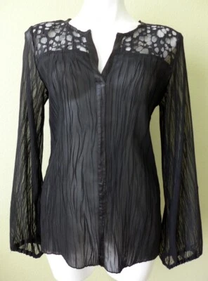 Blusa negra arrugada transparente yugo de encaje manga larga KOMAROV talla M hecha en EE. UU. Foto 1 de 4