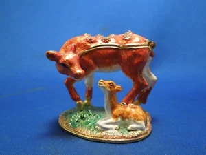 Enamel Rhinestone Mother Doe & Baby Fawn Deer Hinged Trinket Box - Picture 1 of 12
