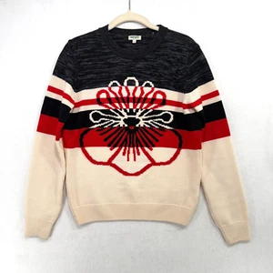 Kenzo Pullover Damen S grau creme gestreift Blumen 100% Wolle japanischer Designer mutig - Bild 1 von 12