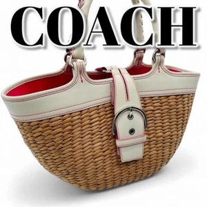 Coach Basket Bag Tote Bag Soho Straw Leather White Pink Authentic From Japan - Picture 1 of 10