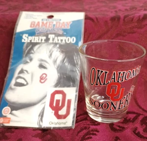 Oklahoma University OU SOONERS Shot Glass & Game Day Spirit Tattoo - Picture 1 of 5