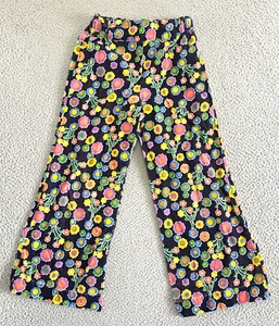 Vintage 70s Girls Corduroy Flare Pants sz 12 Floral Flower Power Black Contrast - Picture 1 of 11