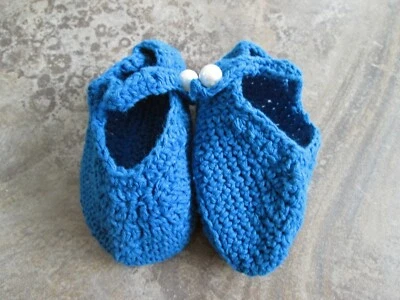 Hand-Knitted Baby Booties 0-3 Months Newborn 100% Cotton Teal Blue Mary-Jane  - Image 1 of 4