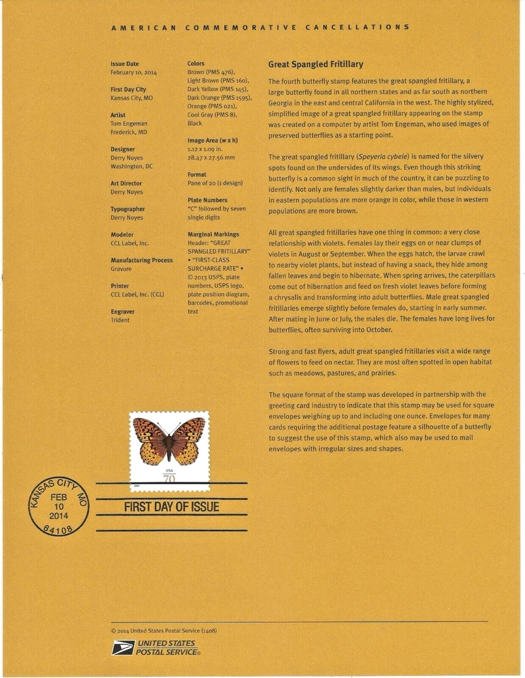 USA Stamps: 2014 Great Spangled Fritillary Butterfly Souvenir  SP 1921 , SC 4859 - Image 1 of 1