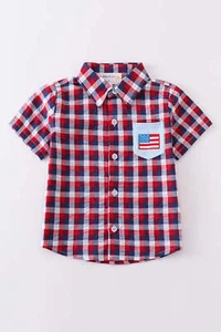 Boy's Boutique Premium Patriotic Plaid Flag Button Down Top Shirt 4th of July Si - Picture 1 of 11