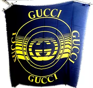 GUCCI SCARF GG LOGO MONOGRAM PATTERN Navy Blue Yellow SHAWL WRAP SQUARE 55" NWT - Picture 1 of 8