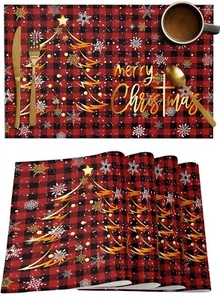6PCS Merry Xmas Placemats Christmas Table Placement Winter Placemats Red Gold - Picture 1 of 7