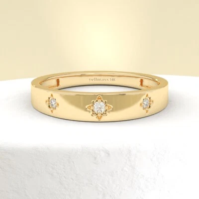 Diamond Starburst Ring 10K Yellow Gold Wedding Band Celestial Ring Stacking Ring - Image 1 of 4