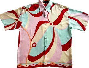 Camisa De Colección Seda Plateada Retro Colorida Geométrica Manga Corta Abotonada Talla 2X - Imagen 1 de 10