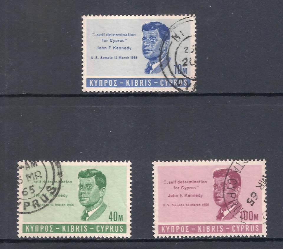 CHIPRE 1965 PRESIDENTE DE ESTADOS UNIDOS JOHN F. KENNEDY Juego de 3v. MUY BIEN USADO Foto 1 de 1